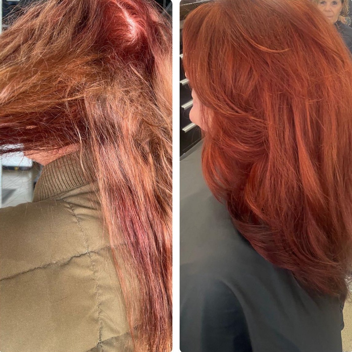 Before and after color correction to rich copper